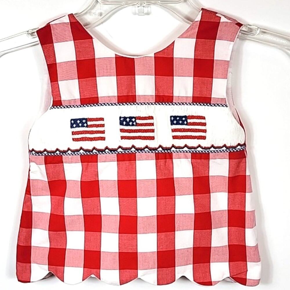Ann + Reeves Patriotic 4th of July Plaid Embroidered Smocked Top - size 24 mos